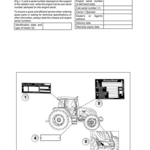 May include: Diagram of a tractor with labels indicating key identification points, such as the identification plate and serial numbers. The image is from a manual, providing information for tractor servicing.
