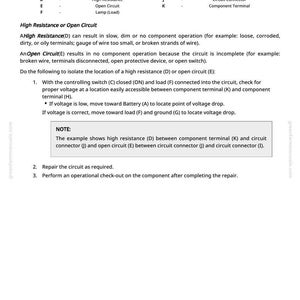 May include: A white page with black text detailing electrical circuit troubleshooting. The text includes a legend with component names like "Battery" and "Fuse", and instructions for identifying high resistance or open circuits.