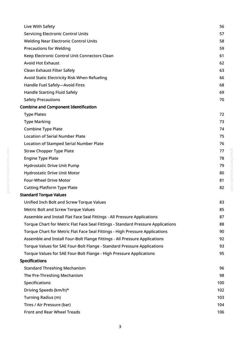 May include: A manual page with a table of contents. It lists safety guidelines, component identification, standard torque values, and specifications. The page number is 3.