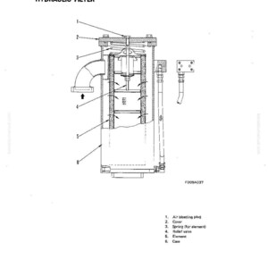 May include: Diagram of a hydraulic filter, labeled with parts including air bleeding plug, cover, spring, relief valve, element, and case. The diagram is in black and white with text labels.