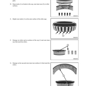 Puede incluir: Diagrama t&eacute;cnico que ilustra el desmontaje y montaje de ejes. La imagen muestra vistas detalladas de los componentes del eje, resaltando el desgaste y los da&ntilde;os con flechas y etiquetas. Texto: "DESMONTAJE Y MONTAJE" y "EJES".