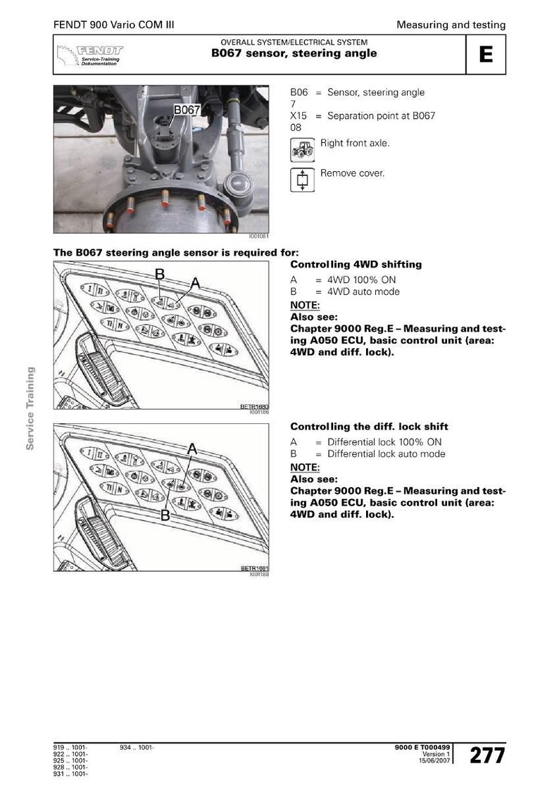 May include: Diagram from a Fendt 900 Vario COM III manual. It details the B067 sensor, steering angle, and its function in controlling 4WD shifting and differential lock shift. Includes diagrams and text.