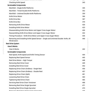 Op de afbeelding: Een pagina uit een greenfarmmanuals.com handleiding met een inhoudsopgave. De onderwerpen omvatten probleemoplossing, onderhoudbare componenten en haspelaandrijfsystemen. Paginanummers staan rechts.