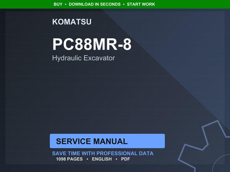 May include: A digital image of a Komatsu PC88MR-8 Hydraulic Excavator service manual. The title is in large white text, with the Komatsu logo at the top. The manual cover is dark blue with a light blue rectangle that says "SERVICE MANUAL".