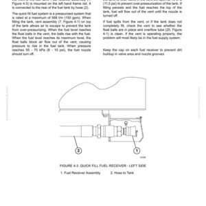 May include: Diagram of a quick fill fuel receiver assembly, with labels for the fuel receiver and hose to the tank. The diagram includes text describing the system's function and components, including a vent assembly and float balls.