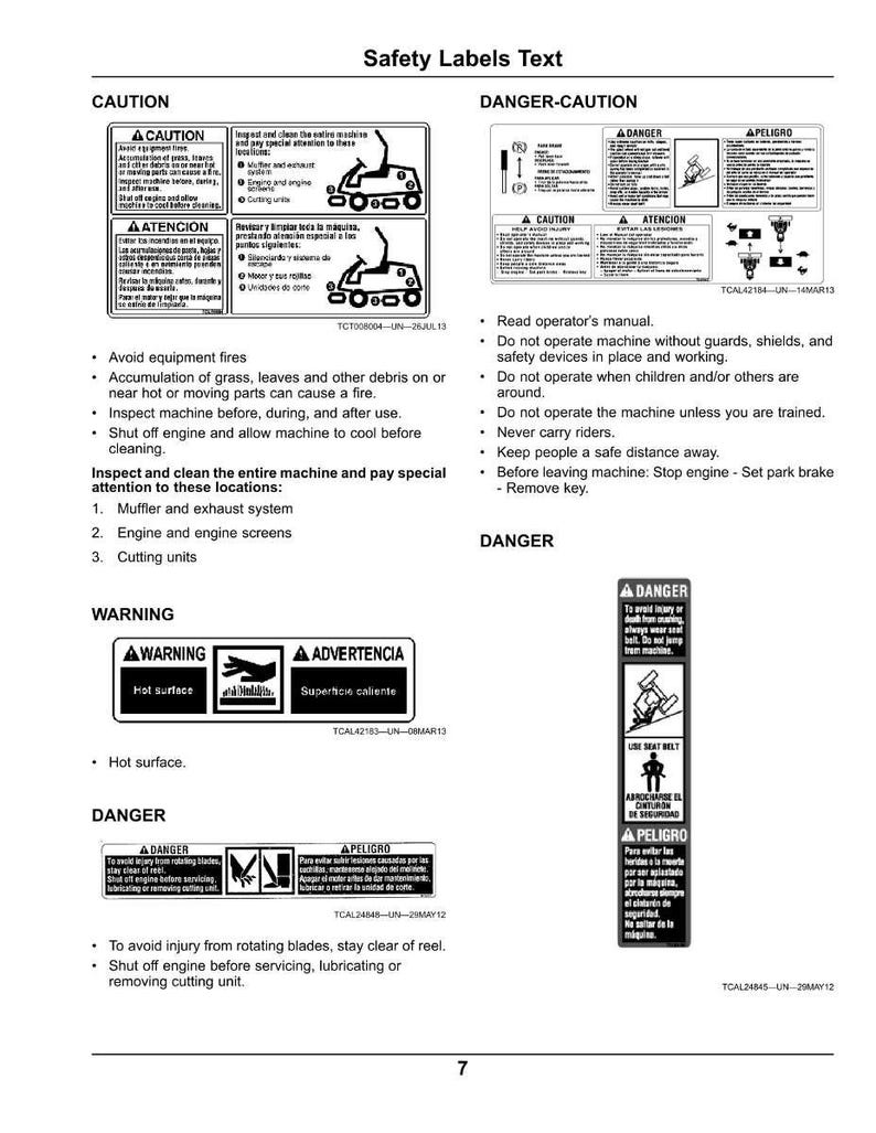 May include: A page of safety labels with text and symbols. The labels include warnings about hot surfaces, rotating blades, and the importance of reading the operator's manual. The page also features caution and danger symbols.