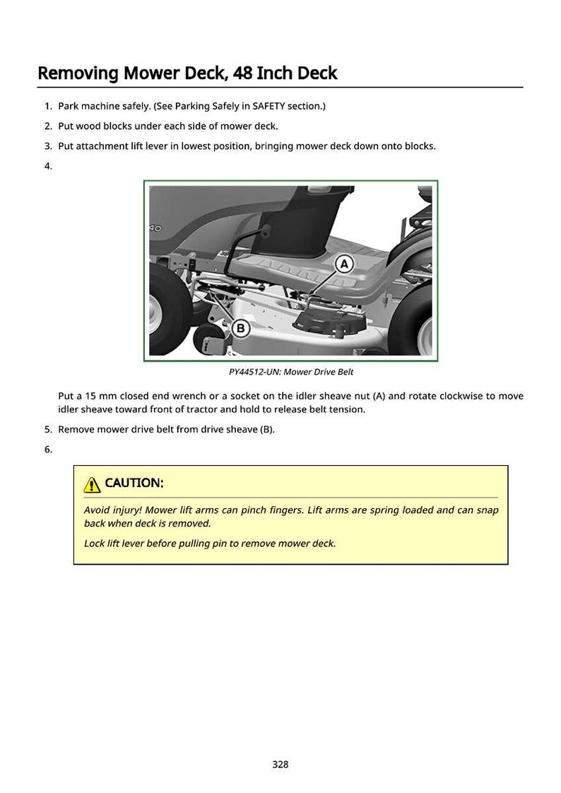 May include: Diagram of a mower deck removal procedure. Text includes instructions for safely removing the mower deck, including parking the machine, using wood blocks, and removing the drive belt. A caution is included.