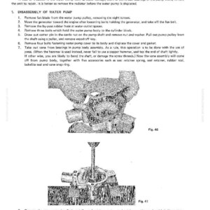 May include: An illustrated diagram of a water pump assembly, with detailed views of its components. The image includes text describing the disassembly and repair of the water pump, with measurements in inches.