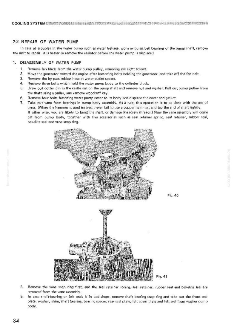 May include: An illustrated diagram of a water pump assembly, with detailed views of its components. The image includes text describing the disassembly and repair of the water pump, with measurements in inches.