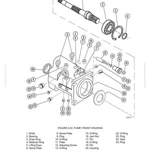 May include: An exploded diagram of a pump's front housing, labeled with part numbers. Key components include a shaft, bearing, snap ring, retainer ring, lifting eyes, name plates, screws, O-rings, plugs, and a housing. The diagram is for steering component repair.