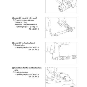 May include: Technical diagram with step-by-step instructions for assembling mechanical components. Includes illustrations of hands working with tools, along with text detailing tightening torque specifications in lbf&middot;ft.