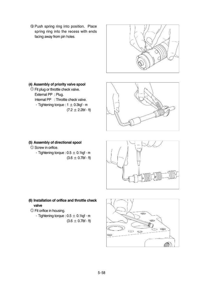 May include: Technical diagram with step-by-step instructions for assembling mechanical components. Includes illustrations of hands working with tools, along with text detailing tightening torque specifications in lbf&middot;ft.