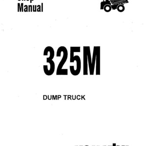 K&ouml;nnte beinhalten: Ein wei&szlig;es Shop-Manual-Cover mit schwarzem Text und einer Strichzeichnung eines Muldenkippers. Der Text lautet "Shop Manual", "325M" und "DUMP TRUCK". Das Komatsu-Logo befindet sich unten.
