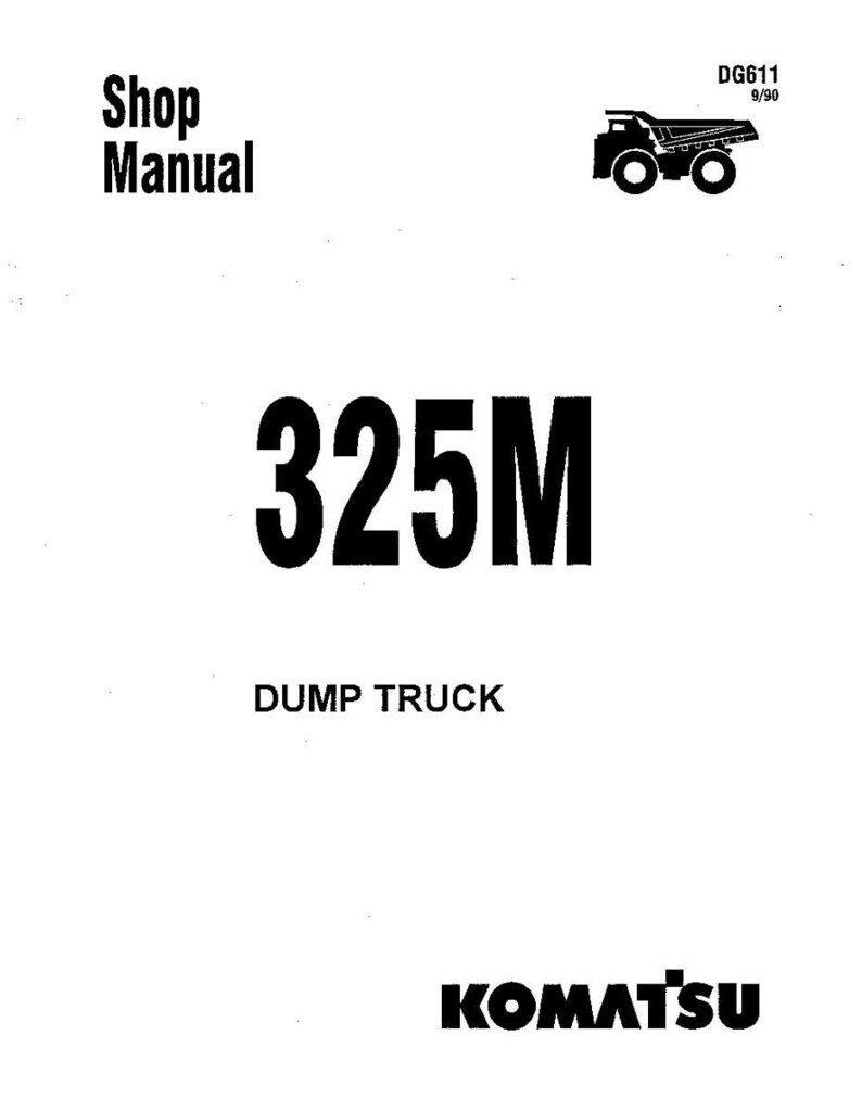 K&ouml;nnte beinhalten: Ein wei&szlig;es Shop-Manual-Cover mit schwarzem Text und einer Strichzeichnung eines Muldenkippers. Der Text lautet "Shop Manual", "325M" und "DUMP TRUCK". Das Komatsu-Logo befindet sich unten.