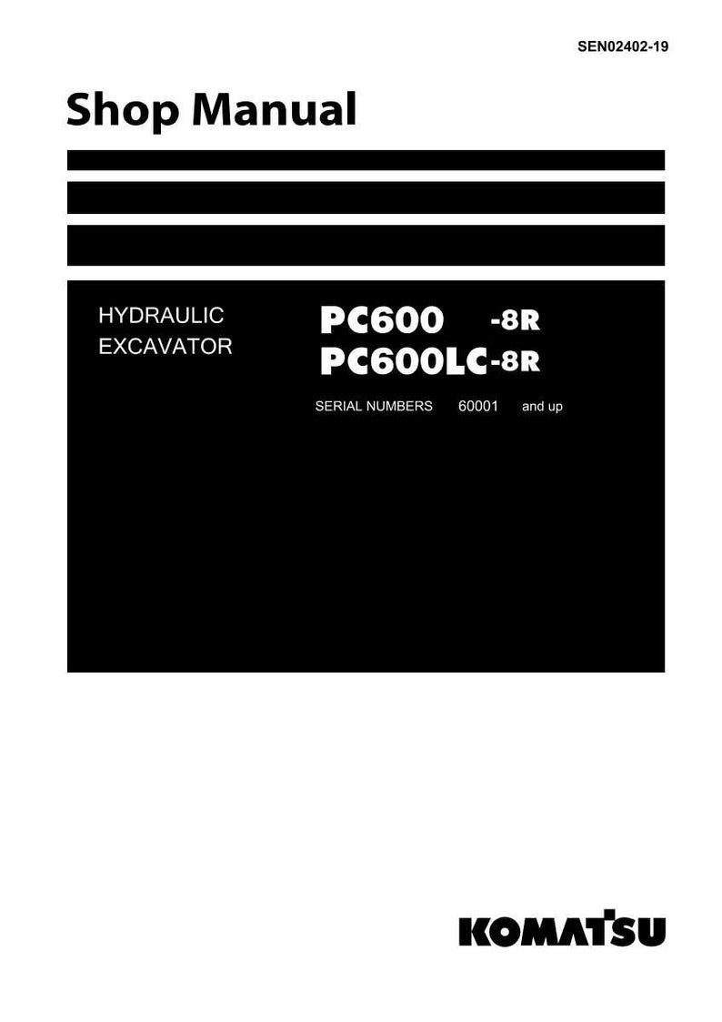 May include: Shop Manual for a hydraulic excavator. The cover is white with black text and graphics. The text includes "PC600 -8R" and "PC600LC-8R". The Komatsu logo is at the bottom.