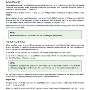May include: A page from a greenfarmmanuals.com manual detailing the electrical system of a vehicle. The text describes the function of fuses, relays, and the anti-theft system, including notes and diagrams. The page number is 581.