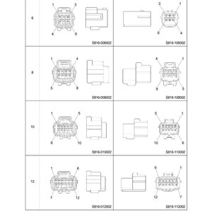 May include: Diagram showing electrical connectors, including female receptacle and male plug connectors, with 6, 8, 10, and 12 pins. Each connector is labelled with a part number, e.g., S816-006002.