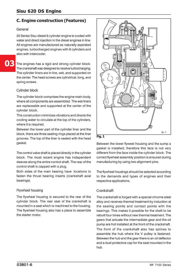 May include: Diagram of a Sisu 620 DS diesel 6-cylinder engine, featuring engine construction details. The image includes a detailed illustration of the engine's internal components, such as the cylinder block, crankshaft, and flywheel housing.