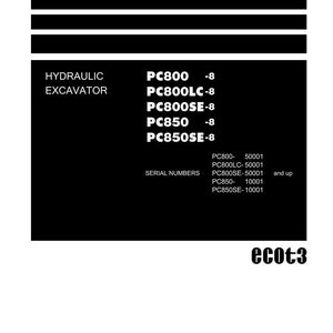 Op de afbeelding: Een zwart-wit shop manual cover met de tekst "Shop Manual" bovenaan. De handleiding bevat de hydraulische graafmachine modellen PC800, PC800LC, PC800SE, PC850 en PC850SE. Het Komatsu-logo staat onderaan.