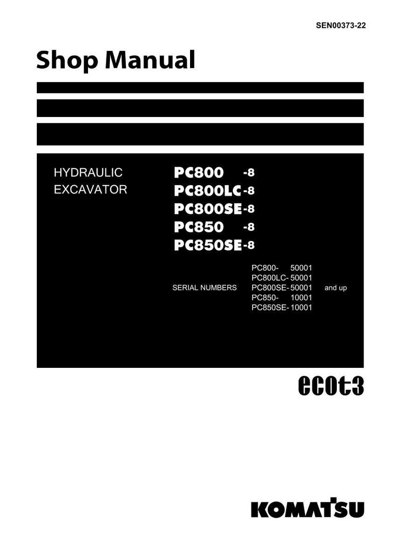 Op de afbeelding: Een zwart-wit shop manual cover met de tekst "Shop Manual" bovenaan. De handleiding bevat de hydraulische graafmachine modellen PC800, PC800LC, PC800SE, PC850 en PC850SE. Het Komatsu-logo staat onderaan.