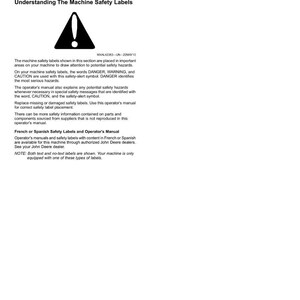 Op de afbeelding: Een witte pagina met de titel "Safety Labels-Text" en de ondertitel "Understanding The Machine Safety Labels". De pagina bevat een zwart-wit veiligheidswaarschuwingssymbool en tekst die veiligheidslabels uitlegt, inclusief "DANGER", "WARNING" en "CAUTION".