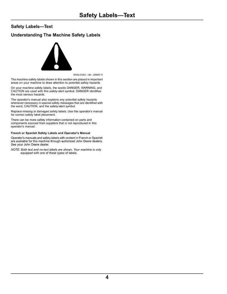 Op de afbeelding: Een witte pagina met de titel "Safety Labels-Text" en de ondertitel "Understanding The Machine Safety Labels". De pagina bevat een zwart-wit veiligheidswaarschuwingssymbool en tekst die veiligheidslabels uitlegt, inclusief "DANGER", "WARNING" en "CAUTION".