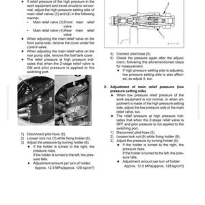 May include: Technical diagram from a Komatsu manual detailing hydraulic oil pressure inspection and adjustment. Includes diagrams of valves, hoses, and locknuts, with measurements in Nm and MPa. The text provides step-by-step instructions for maintenance procedures.
