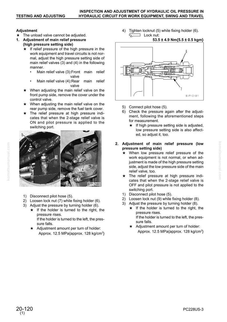 May include: Technical diagram from a Komatsu manual detailing hydraulic oil pressure inspection and adjustment. Includes diagrams of valves, hoses, and locknuts, with measurements in Nm and MPa. The text provides step-by-step instructions for maintenance procedures.