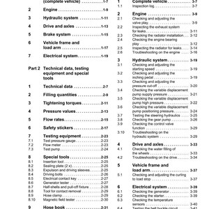 May include: A Weidemann service manual with a table of contents. The manual is divided into sections on safety, engine, hydraulic systems, and electrical systems. It includes technical data, testing equipment, and special tools.