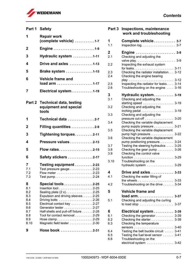 May include: A Weidemann service manual with a table of contents. The manual is divided into sections on safety, engine, hydraulic systems, and electrical systems. It includes technical data, testing equipment, and special tools.