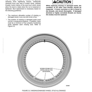 May include: Diagram of a wheel rim with text indicating missing or damaged wheel mounting hardware. The image includes a warning about stud replacement and guidelines for maintenance. The text also includes the title "WHEEL STUD MAINTENANCE".