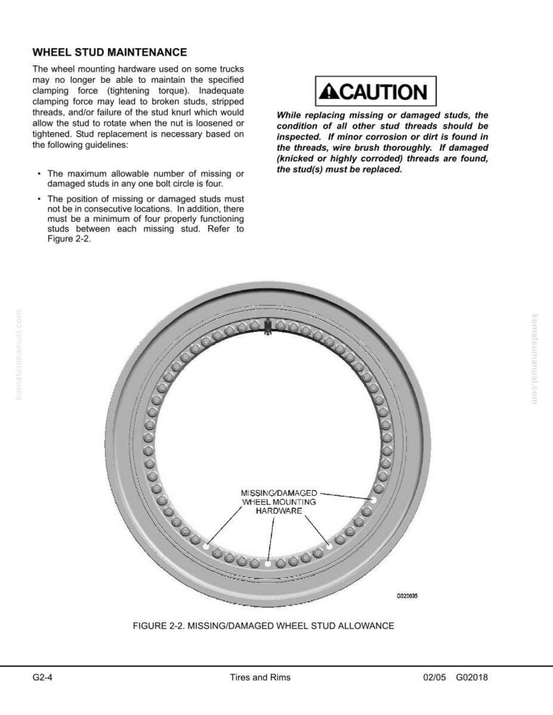 May include: Diagram of a wheel rim with text indicating missing or damaged wheel mounting hardware. The image includes a warning about stud replacement and guidelines for maintenance. The text also includes the title "WHEEL STUD MAINTENANCE".