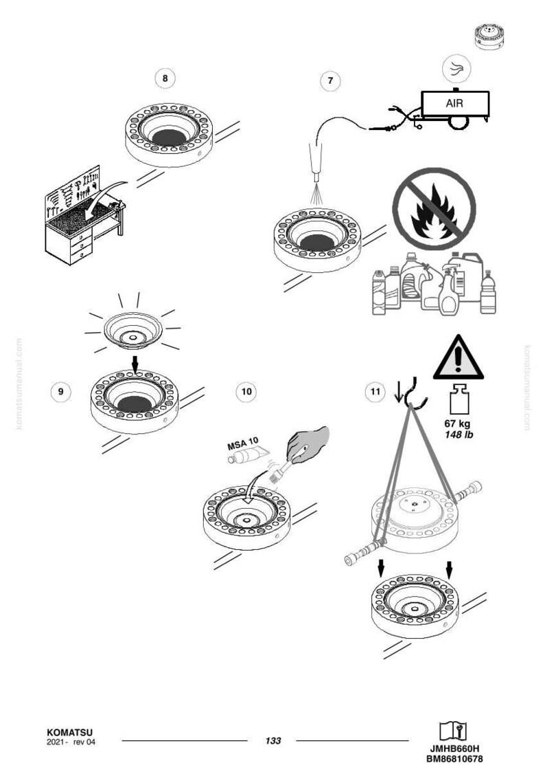 Puede incluir: Diagrama que ilustra un proceso mec&aacute;nico, con componentes circulares con numerosos agujeros peque&ntilde;os. La imagen incluye s&iacute;mbolos de seguridad, una indicaci&oacute;n de peso de 67 kg y etiquetas de texto como "AIR" y "MSA 10".