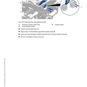 K&ouml;nnte beinhalten: Diagramm zur Installation eines Zwischenrads, mit detaillierten Ansichten der Komponenten. Enth&auml;lt Innensechskantschrauben, ein Zwischenrad und eine Distanzplatte. Text: "Reparaturarbeiten Grundmotor".