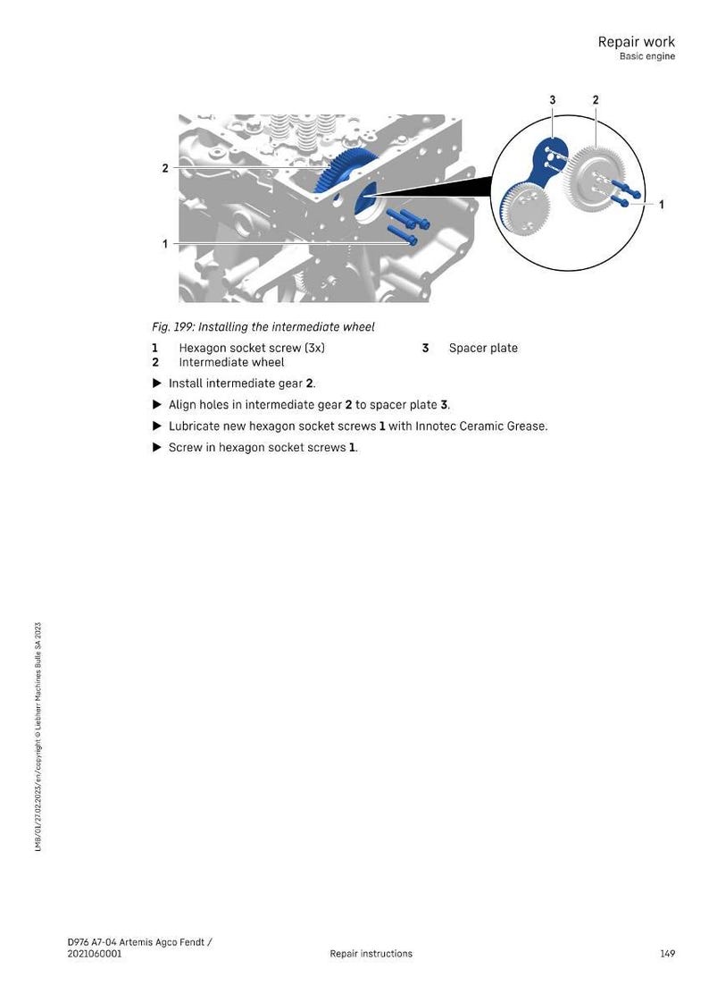 K&ouml;nnte beinhalten: Diagramm zur Installation eines Zwischenrads, mit detaillierten Ansichten der Komponenten. Enth&auml;lt Innensechskantschrauben, ein Zwischenrad und eine Distanzplatte. Text: "Reparaturarbeiten Grundmotor".