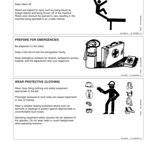Pu&ograve; includere: Pagina di un manuale di sicurezza con tre sezioni. La prima avverte di non far salire passeggeri sulla macchina, la seconda consiglia la preparazione alle emergenze e la terza raccomanda l'uso di indumenti protettivi. Con illustrazioni.
