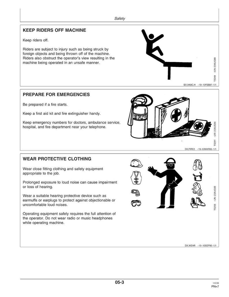 Pu&ograve; includere: Pagina di un manuale di sicurezza con tre sezioni. La prima avverte di non far salire passeggeri sulla macchina, la seconda consiglia la preparazione alle emergenze e la terza raccomanda l'uso di indumenti protettivi. Con illustrazioni.