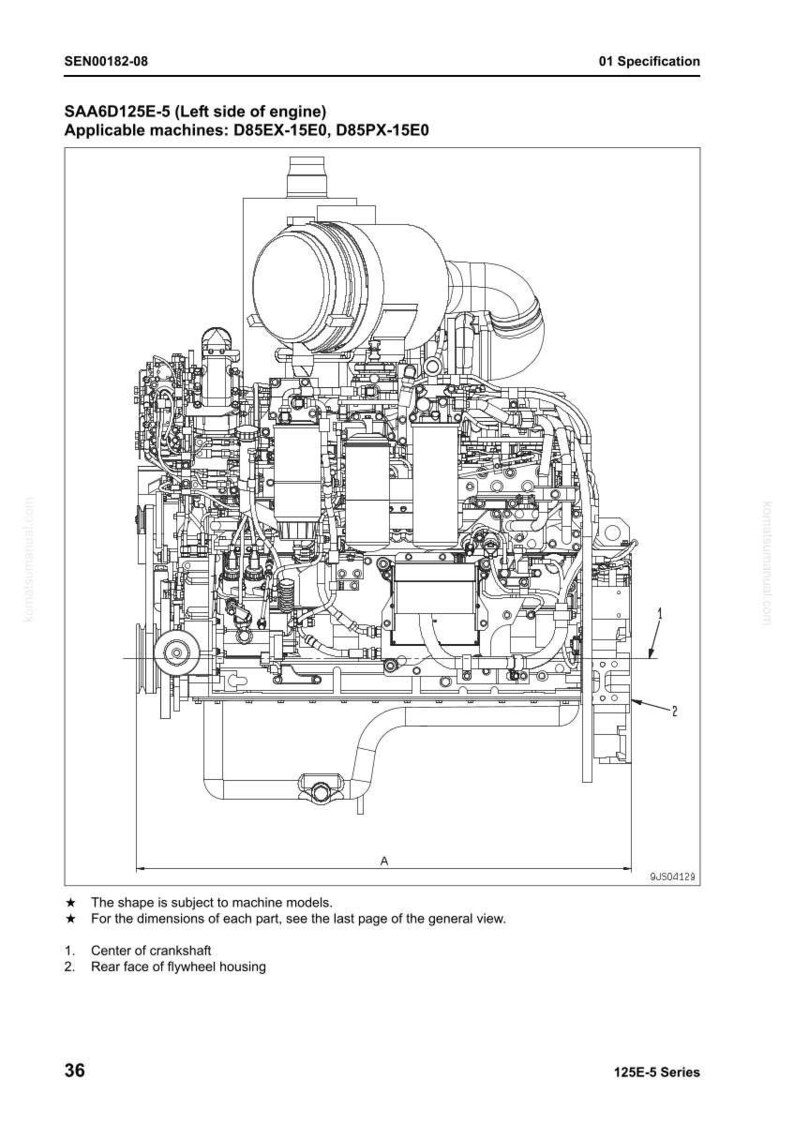 May include: Detailed technical diagram of a SAA6D125E-5 engine, labeled as the left side. The diagram includes specifications for D85EX-15E0 and D85PX-15E0 machines. Features include the center of the crankshaft and rear face of the flywheel housing.
