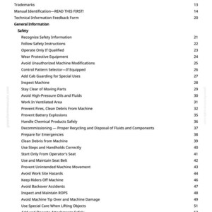May include: A white page with a table of contents from a manual. The title "Table of Contents" is at the top, followed by sections like "Safety" and "General Information." The page includes numbered entries and text such as "Prevent Fires, Clean Debris From Machine."