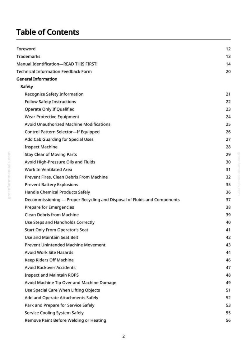 May include: A white page with a table of contents from a manual. The title "Table of Contents" is at the top, followed by sections like "Safety" and "General Information." The page includes numbered entries and text such as "Prevent Fires, Clean Debris From Machine."