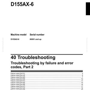 Op de afbeelding: Werkplaatshandboek voor een D155AX-6 Bulldozer. Het document bevat informatie over probleemoplossing, foutcodes en foutcodes. De Komatsu handleiding is getiteld "40 Probleemoplossing" en "Deel 2".