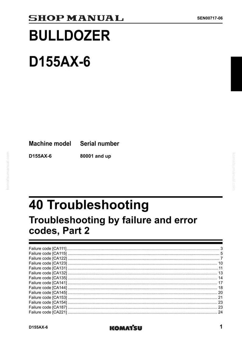 Op de afbeelding: Werkplaatshandboek voor een D155AX-6 Bulldozer. Het document bevat informatie over probleemoplossing, foutcodes en foutcodes. De Komatsu handleiding is getiteld "40 Probleemoplossing" en "Deel 2".