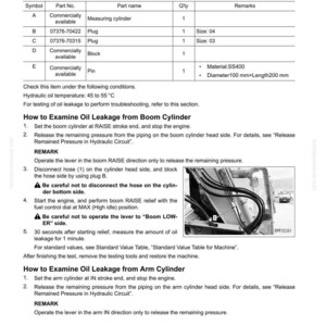 Peut inclure: Un sch&eacute;ma technique d&eacute;taill&eacute; intitul&eacute; &laquo; Examiner les fuites d'huile &raquo; avec un tableau r&eacute;pertoriant les outils et les proc&eacute;dures. L'image comprend un sch&eacute;ma des composants hydrauliques et des instructions de test et de r&eacute;glage, avec des mesures en millim&egrave;tres.