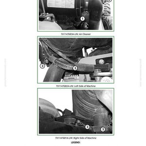 May include: An engine component diagram with labels and callouts. The image shows an air cleaner, air cleaner-to-turbocharger tube, and cap screws. Text includes "Air Cleaner" and "Left Side of Machine."