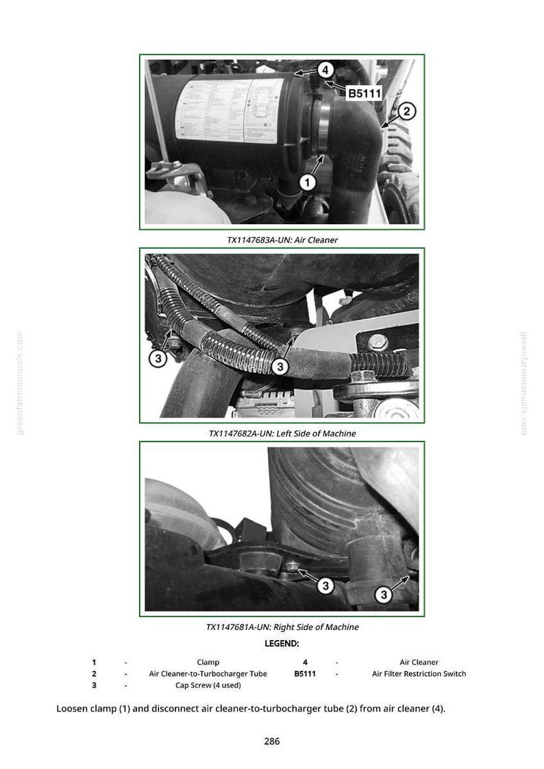 May include: An engine component diagram with labels and callouts. The image shows an air cleaner, air cleaner-to-turbocharger tube, and cap screws. Text includes "Air Cleaner" and "Left Side of Machine."