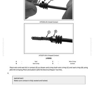 May include: Diagram showing the installation and crimping of an electrical contact. The image includes close-up views of the process, with labels for each component. Text instructions and a legend are also included, with the text "H75336-UN: Install Contact" and "H75337-UN: Crimped Contact".