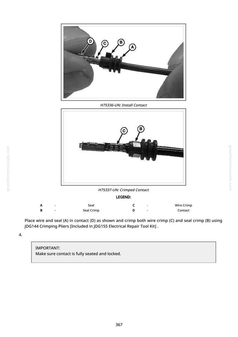 May include: Diagram showing the installation and crimping of an electrical contact. The image includes close-up views of the process, with labels for each component. Text instructions and a legend are also included, with the text "H75336-UN: Install Contact" and "H75337-UN: Crimped Contact".