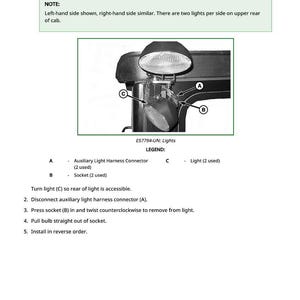May include: Diagram illustrating the removal and installation of an auxiliary light bulb. The image includes a detailed view of the light assembly, with labels for connectors and sockets. Text instructions are provided for the process.