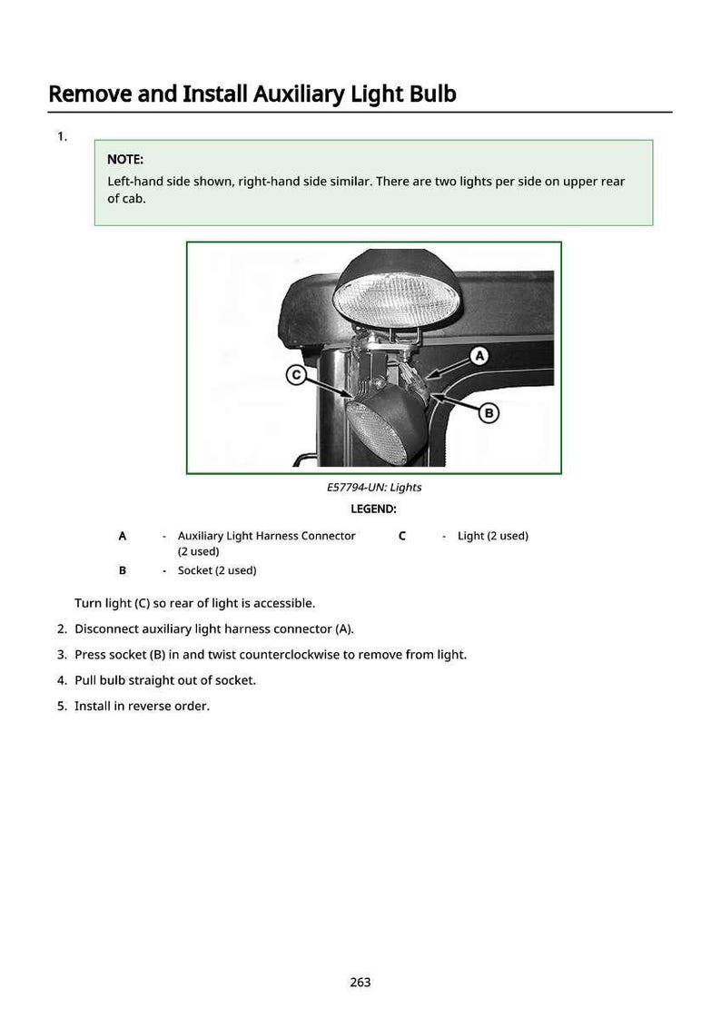 May include: Diagram illustrating the removal and installation of an auxiliary light bulb. The image includes a detailed view of the light assembly, with labels for connectors and sockets. Text instructions are provided for the process.