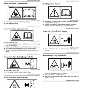 May include: A page of safety labels without text, featuring warning symbols and illustrations. The labels warn against hazards like loaded springs, equipment fires, thrown objects, and rotating blades. Includes a "Read Operator's Manual" label.